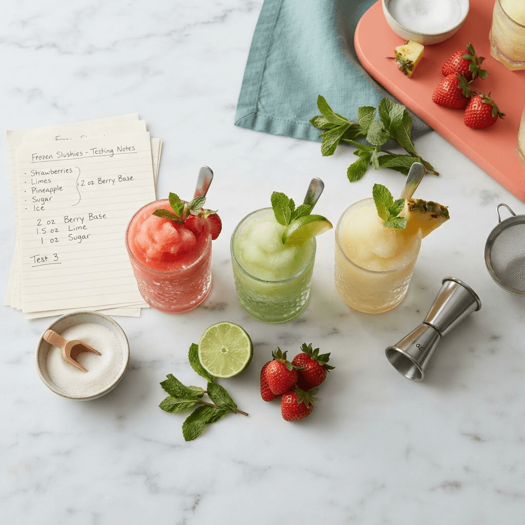 Recipe testing flat-lay with slush glasses, fresh fruit and handwritten notes